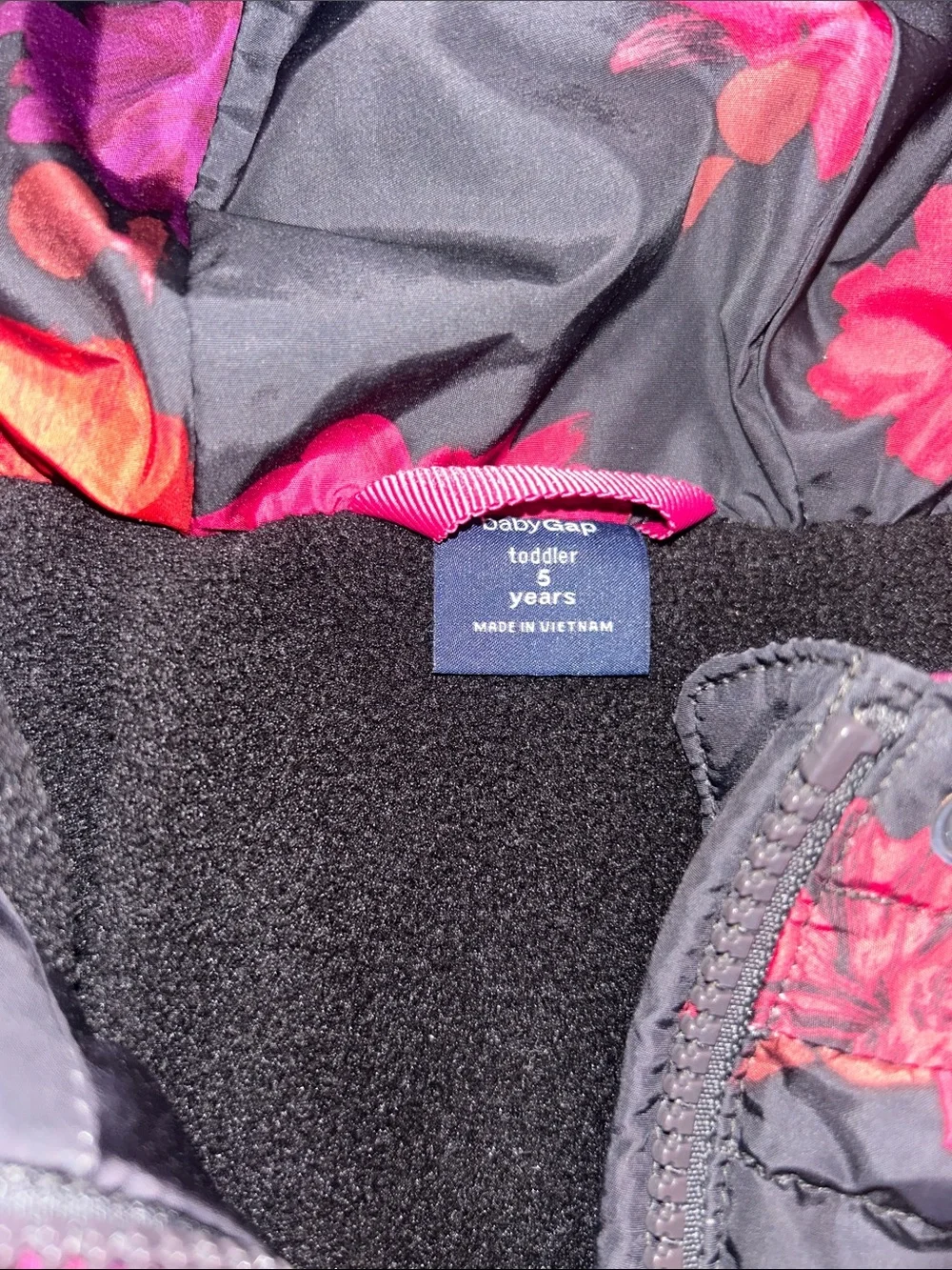 GAP Black Hooded Puffer Jacket with Pink & Purple Floral Print